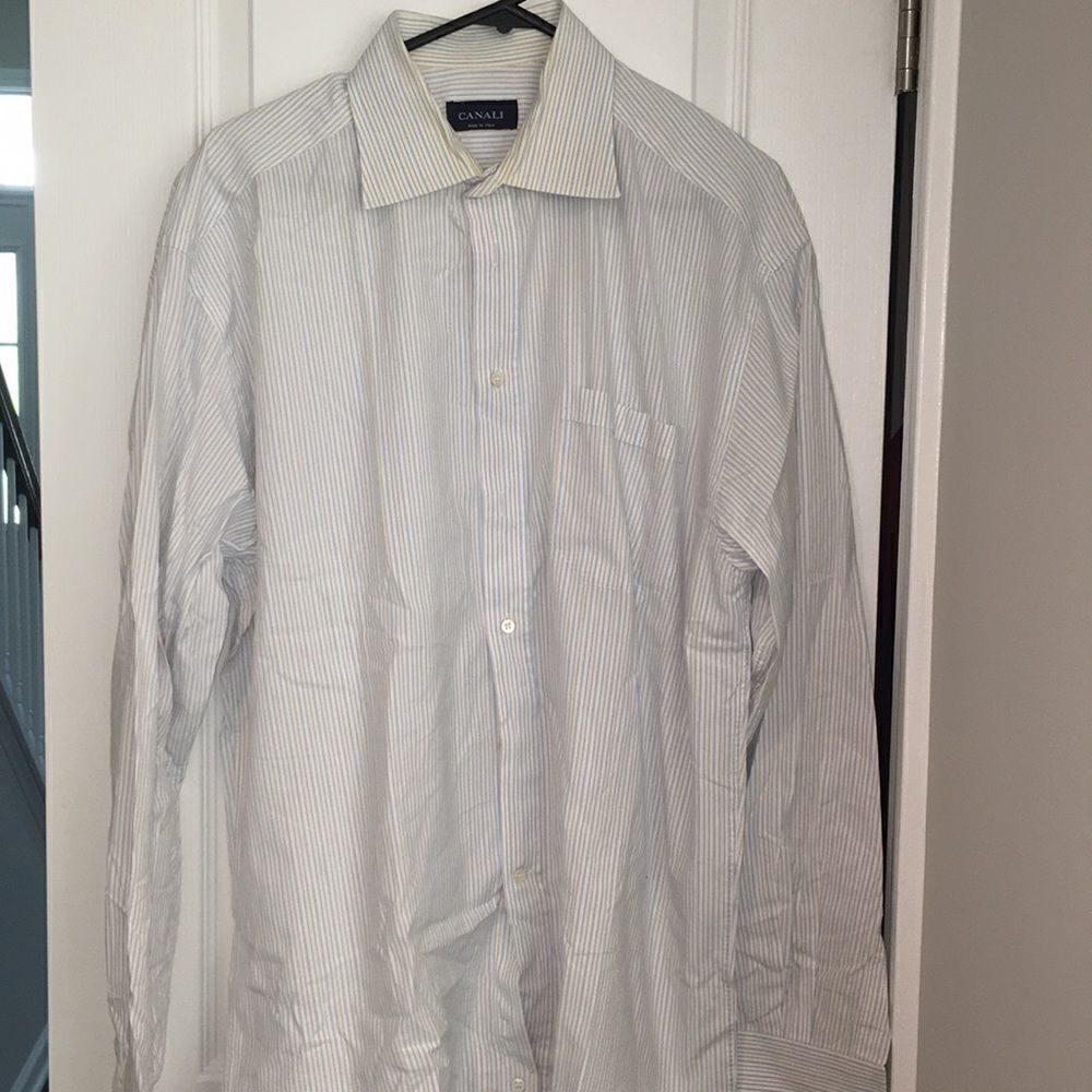 Canali Italy made tan blue stripe men’s work button down dress shirt L